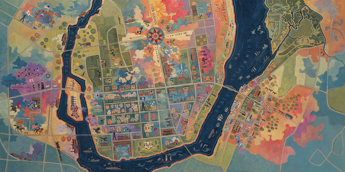 COMMON GROUND - Acrylic polymer, pigment, and ink on Evolon microfiber, 48 x 96 inches. Commission for Fair Haven Community Health Center, New Haven, CT - 2025.