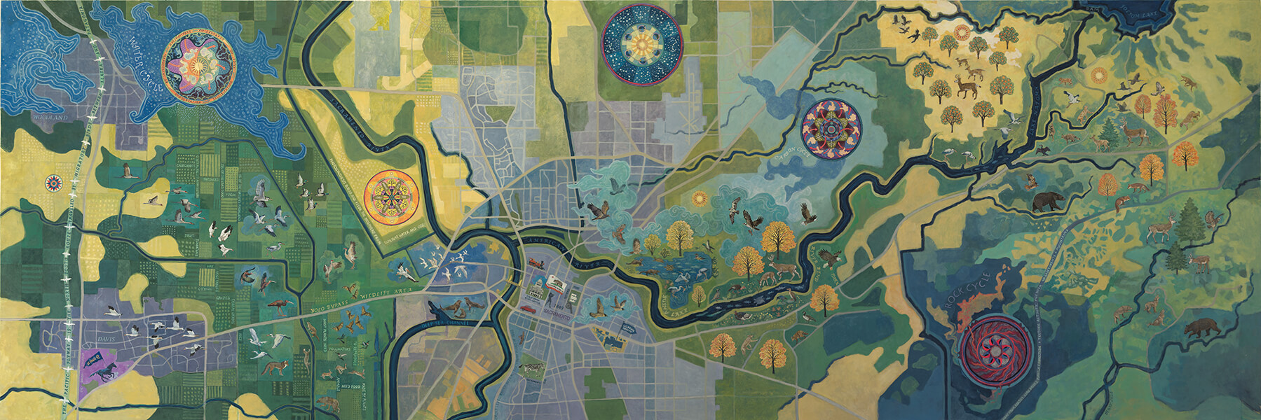 OUT OF THE BLUE - Acrylic polymer, pigment, and ink on Evolon microfiber, 40 x 120 inches. ommission for UC Davis Health Care, Surgical Center, Sacramento, CA - 2025.