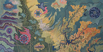 TERRA FIRMA, 2026, Acrylic polymer, pigment, and ink on Evolon microfiber, 40 x 80 inches. Commission for Enloe Health, Gonzales Comprehensive Cancer Center, Chico CA - 2026.