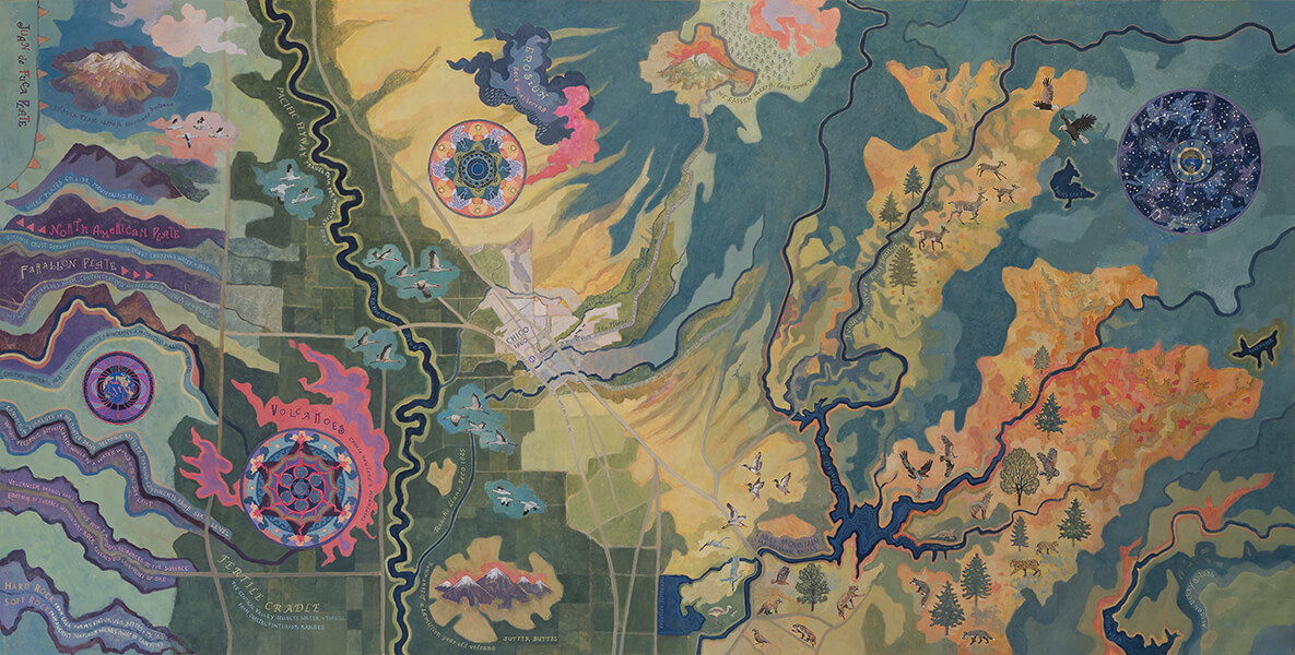 TERRA FIRMA, 2026, Acrylic polymer, pigment, and ink on Evolon microfiber, 40 x 80 inches. Commission for Enloe Health, Gonzales Comprehensive Cancer Center, Chico CA - 2026.